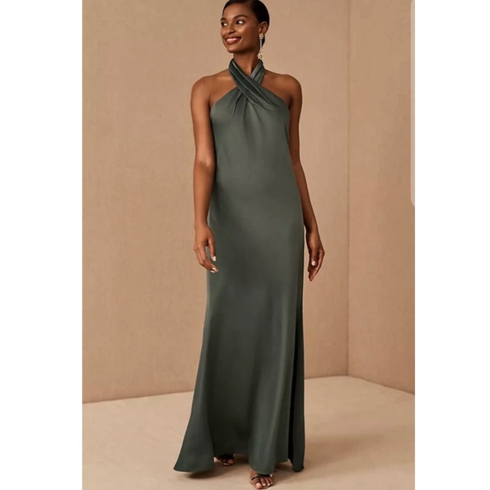 BHLDN Ruby Satin Charmeuse Halter Maxi Dress Size 14 Sage Green Backless